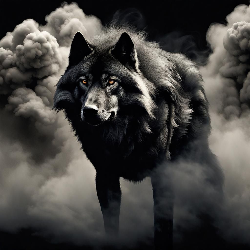 Fuzzy Shadow Wolf Portrait in Dark Smoke
