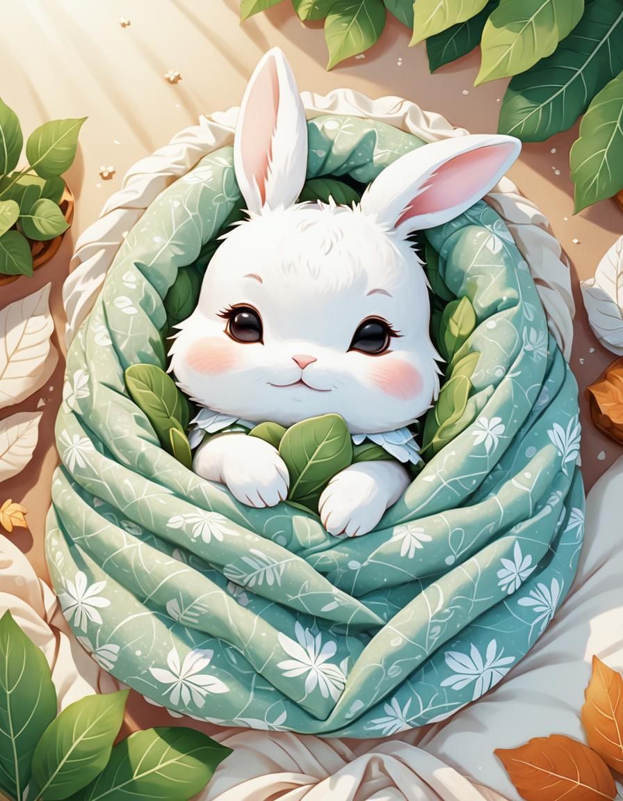 Cute Chibi Rabbit Sleeping Under Leaf Blanket