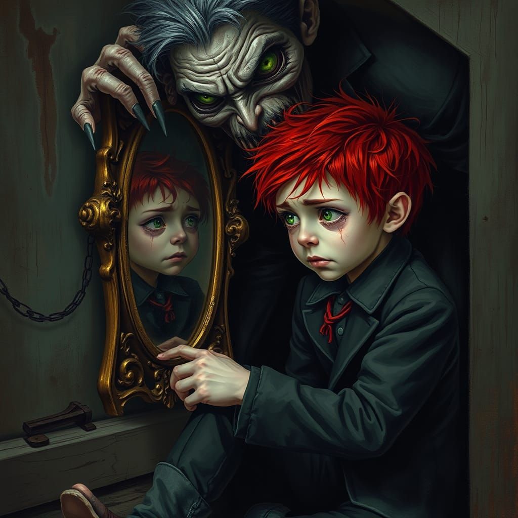 Distressed Boy and Menacing Figure with Mirror