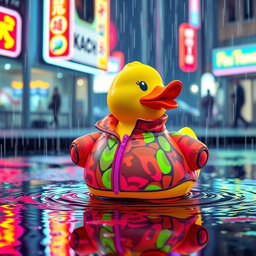 Neon Rubber Duck in 80s Rain