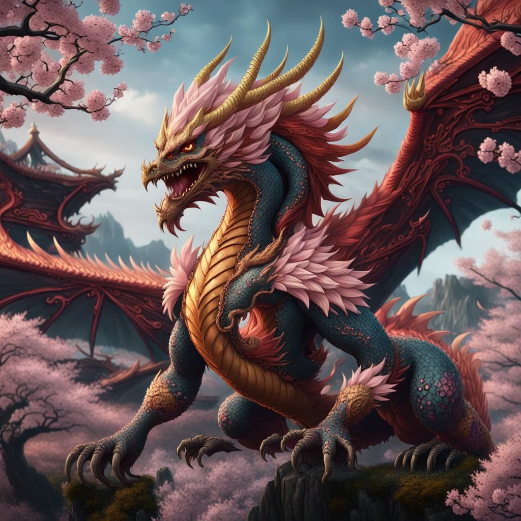 Kaiju Phoenix Dragon Beast with Cherry Blossoms