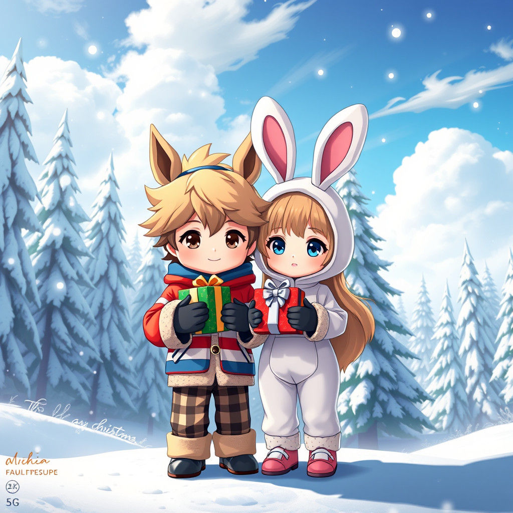 Chibi Characters in Winter Forest, Anime Style