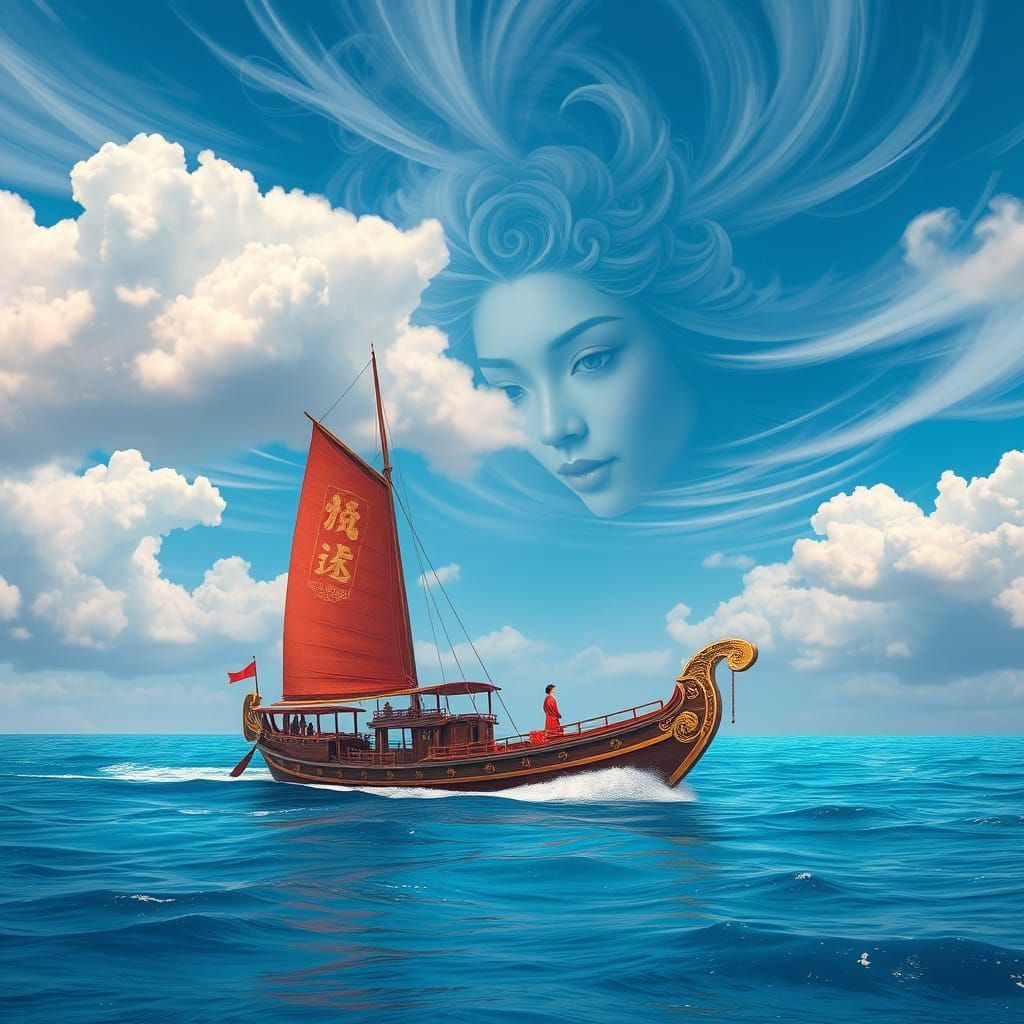 Ethereal Chinese Maiden Looks Down on Majestic Junk Ship in ...