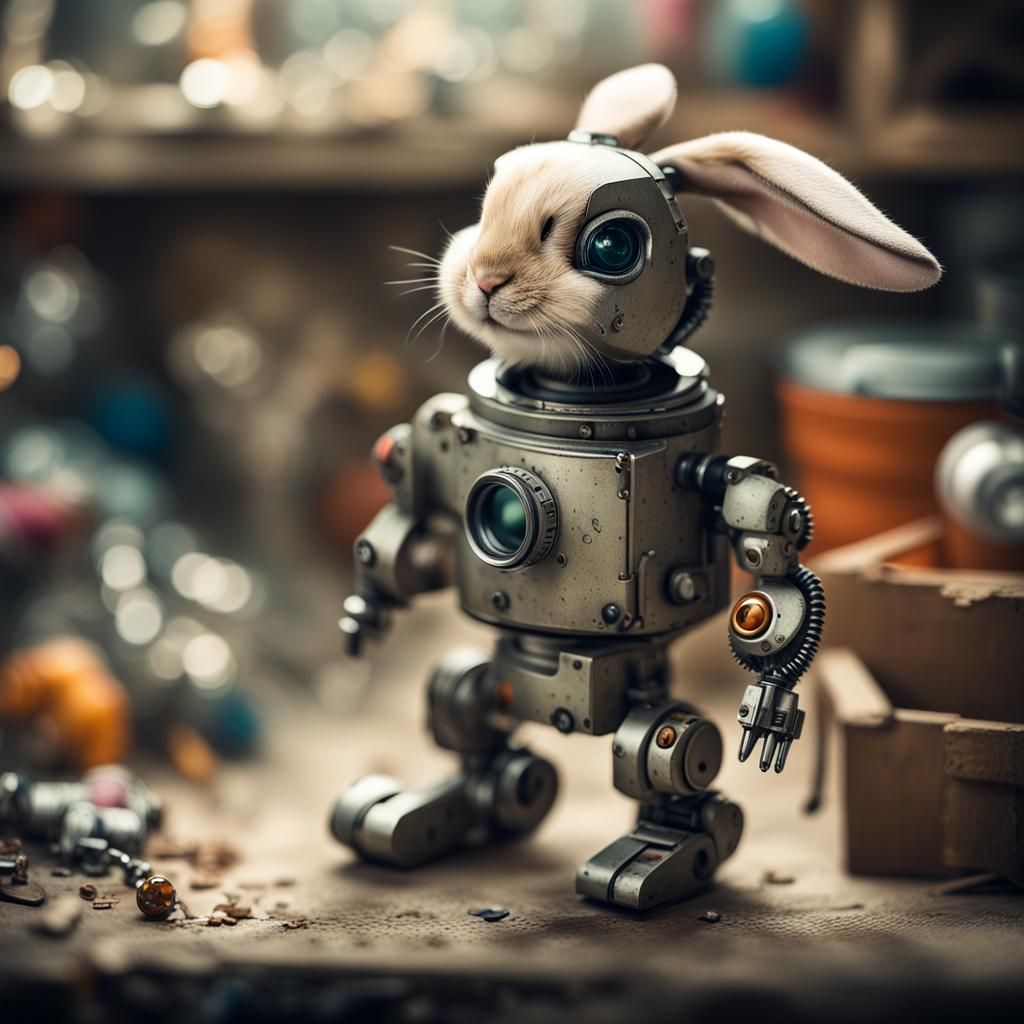 Robot Rabbit Collage in Detailed Mixed Media