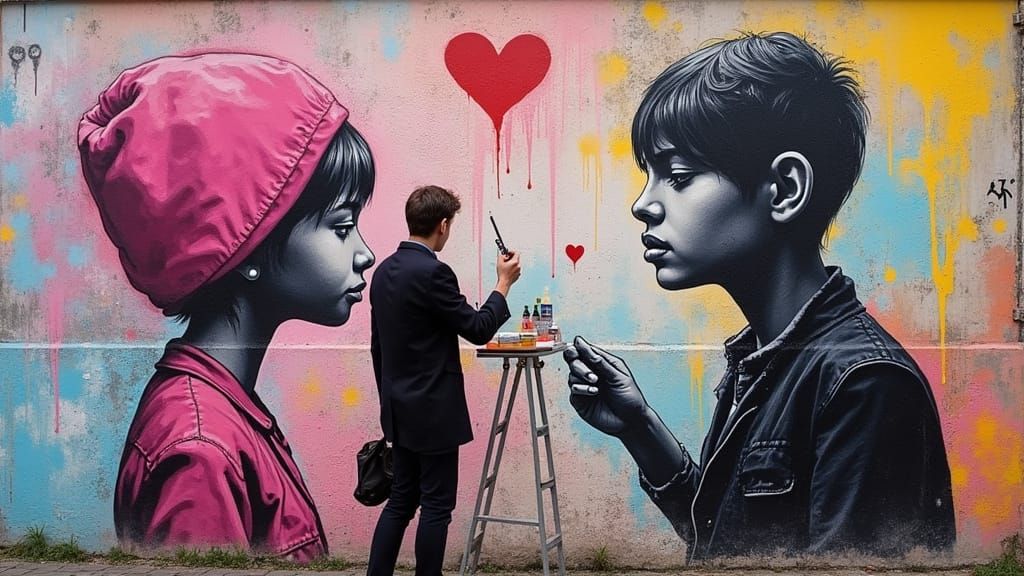 graffiti artists Pink Lady and Banksy create graffiti wall together
