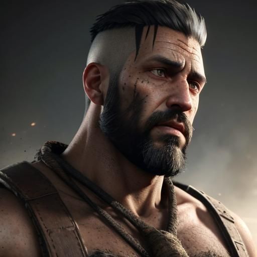 Starving Rugged Man with Scar in 3D Game Cinematic Style