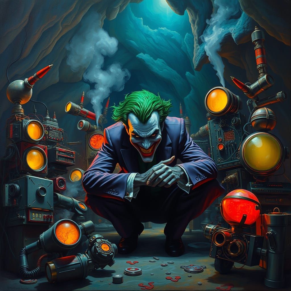 Joker's Lair: Surreal Tech Hideout Oil Painting
