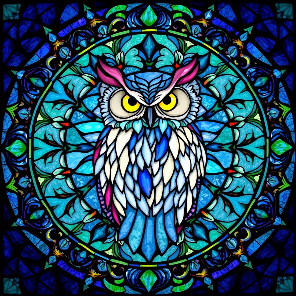 Tiffany-Inspired Stained Glass Owl Mandala