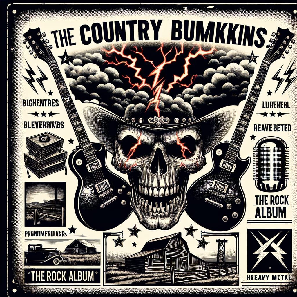 An album cover for a band called 'The Country Bumpkins,' with the album title 'The Rock Album'. The design should combin...