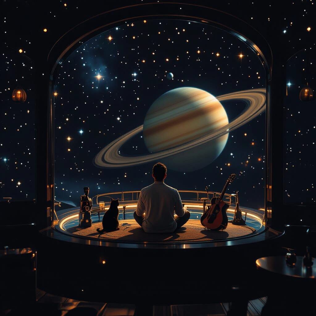 Man and Cat Meditate at Space Bar Near Saturn