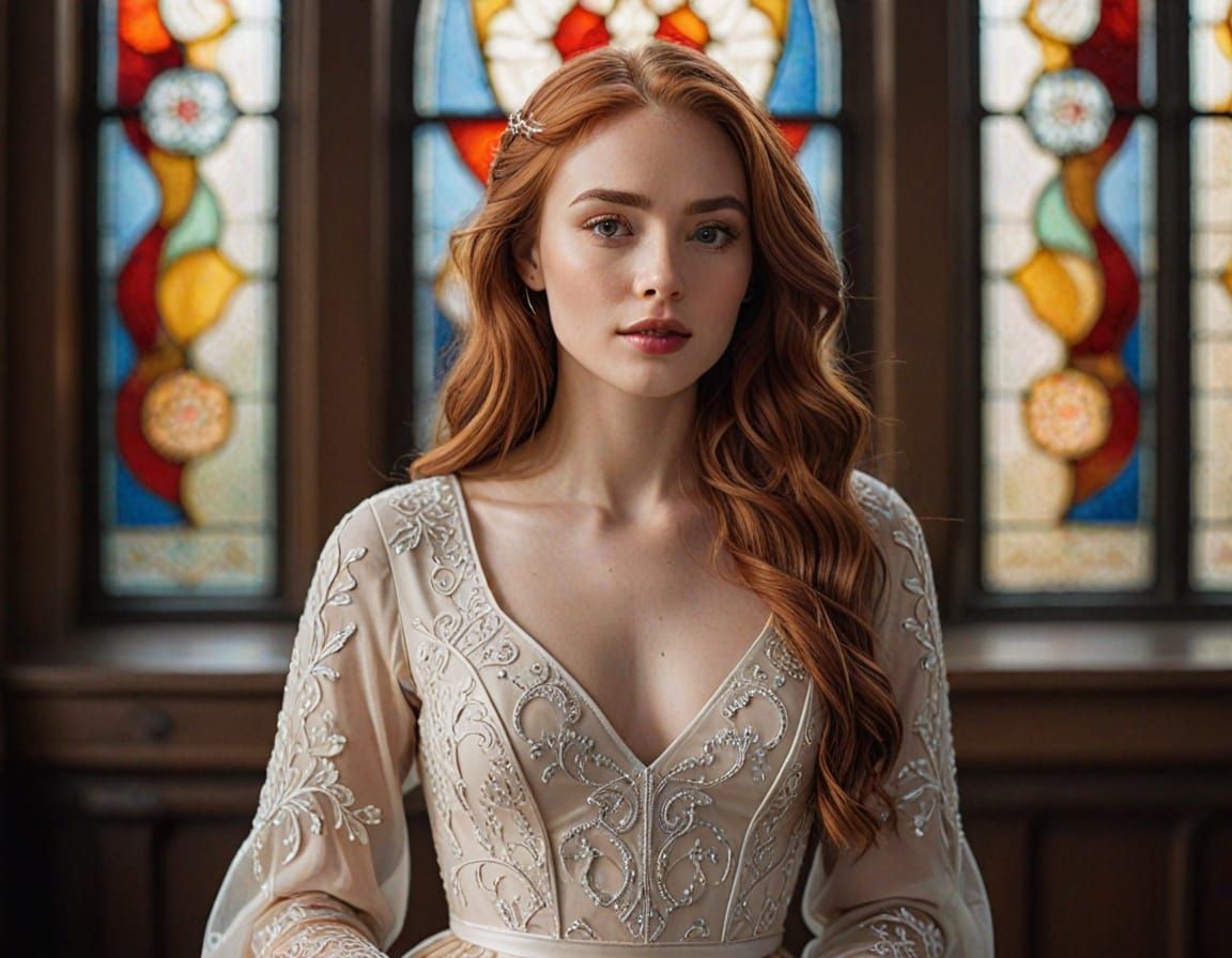 Young Woman in Cream Gown Before Stained Glass