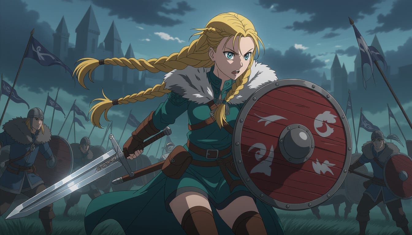 Viking Shield Maiden Charging in Anime Style