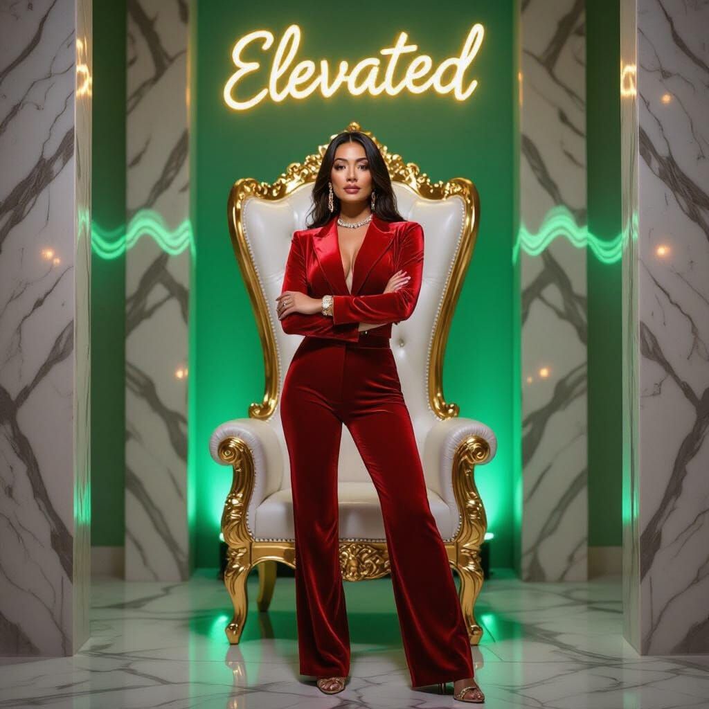 Empowered Latina Woman in Red Velvet Before Gold Throne