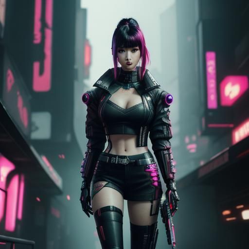 Japanese Gothic Girl in Cyberpunk Neon Cityscape