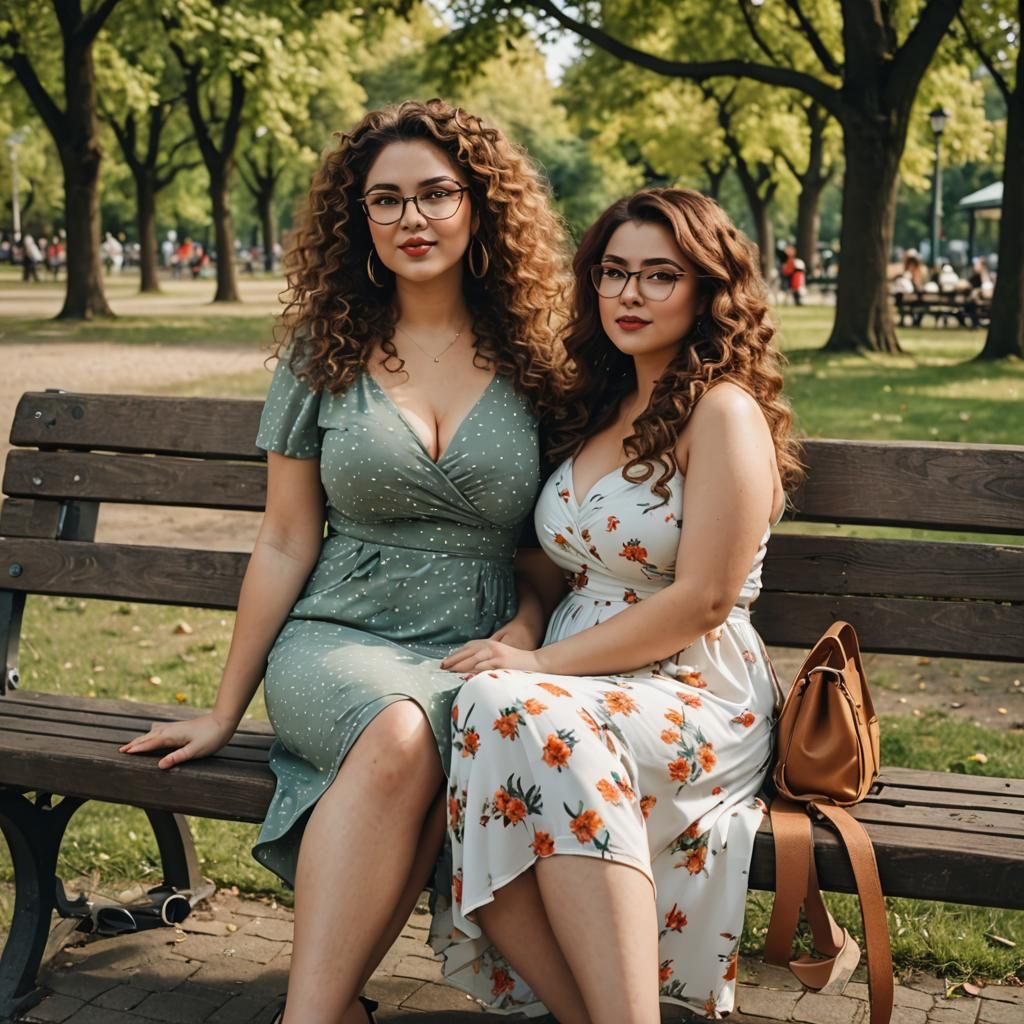 Two Curvy Girls on a Bench in a Park