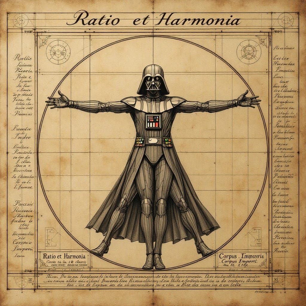 Darth Vader in Vitruvian Man Pose, Sepia Drawing with Italia...