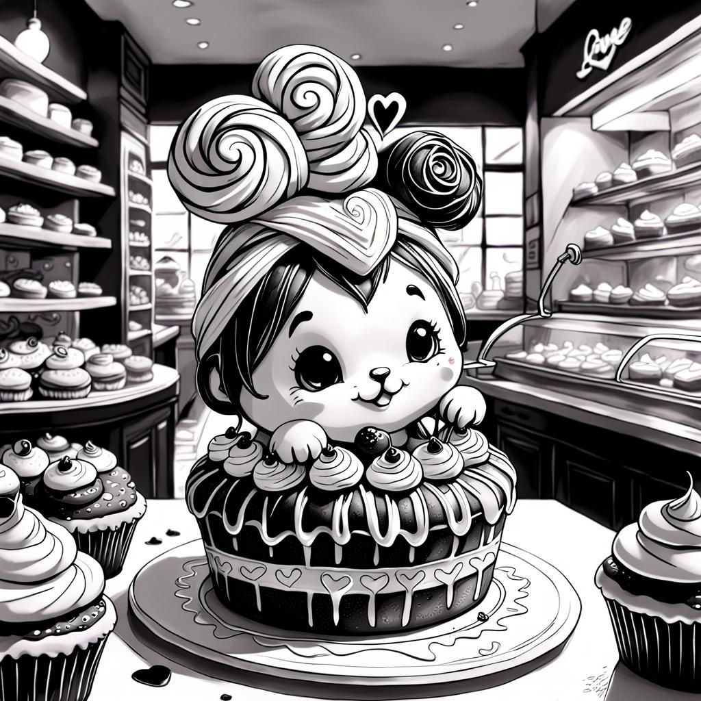 Kawaii Bakery Coloring Page in Black and White