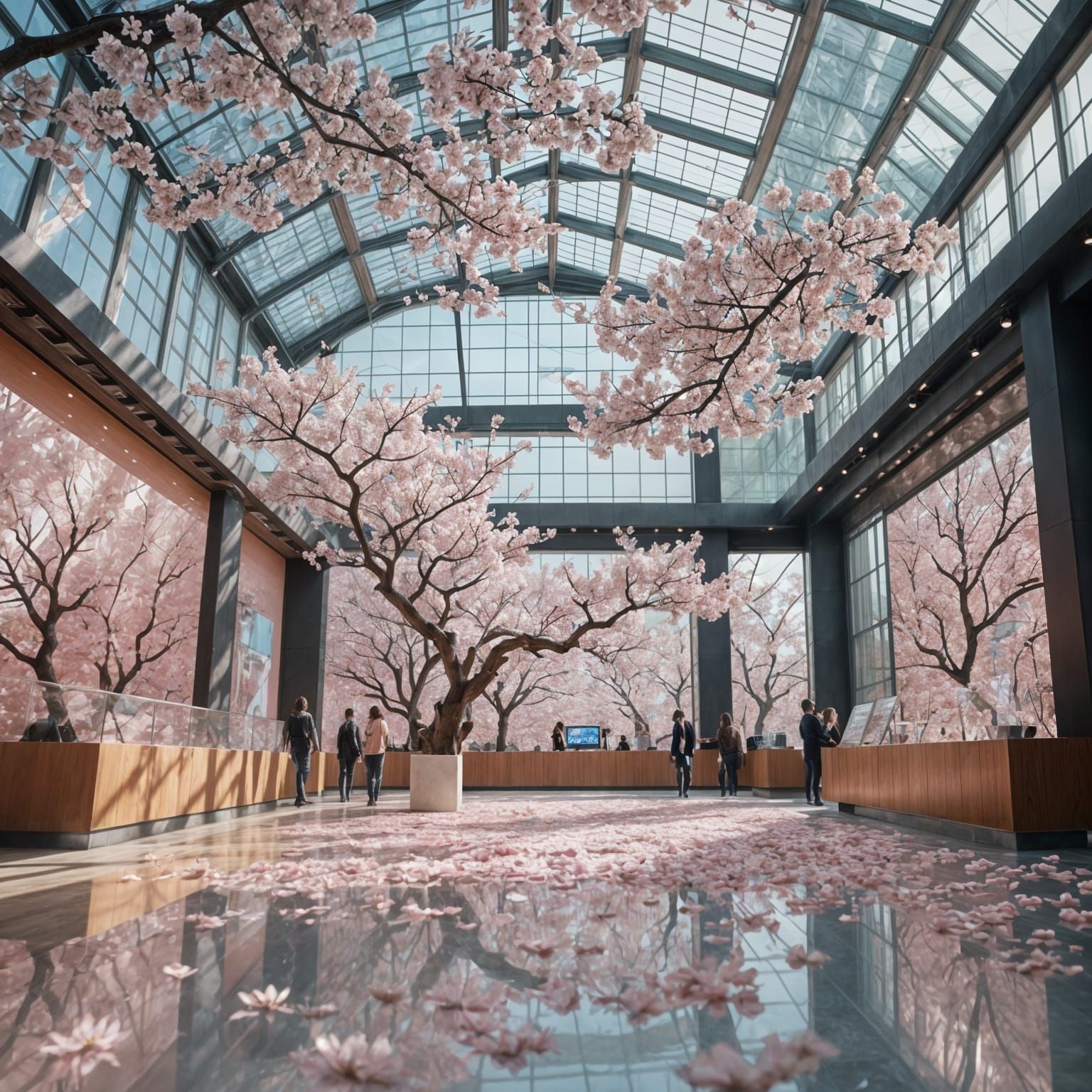Futuristic Museum with Cherry Blossom Displays