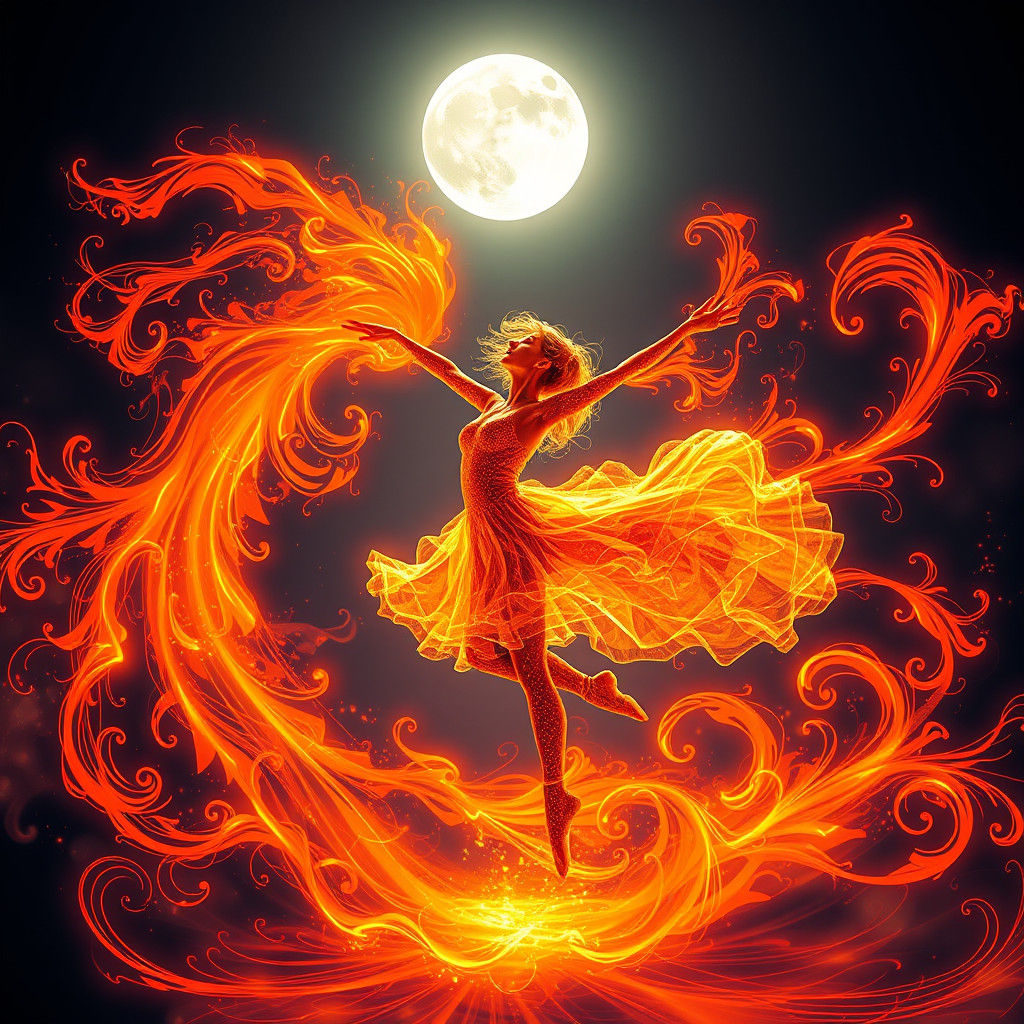 Ballerina in Fiery Moonlight: Abstract Digital Art