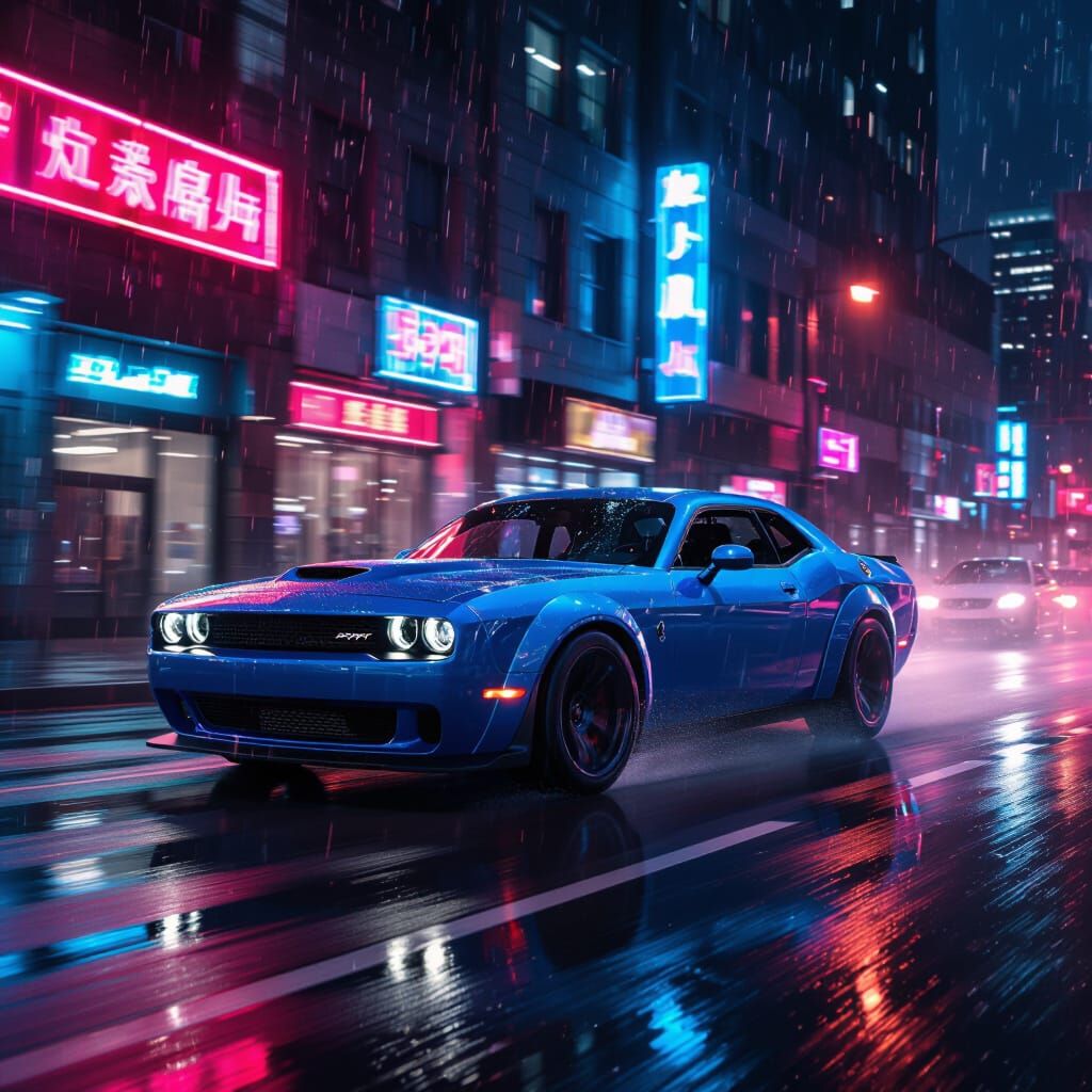 Dodge Challenger Speeds Through Wet City Streets at Night