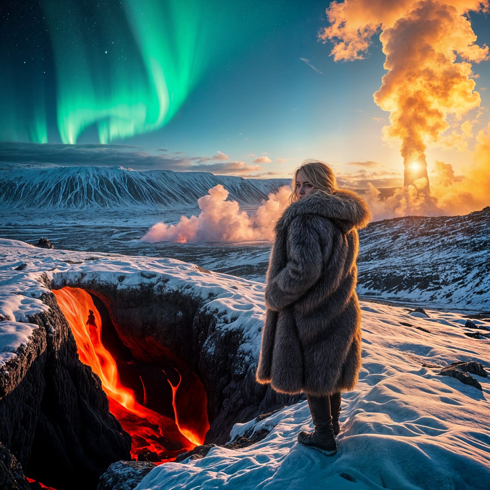 Hyperrealistic Icelandic Woman Gazing at Lava and Geyser