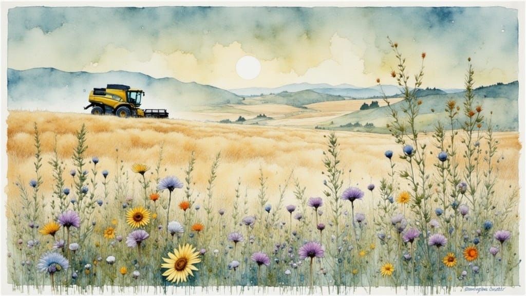 Combine Harvester Reaping Wheat in Painterly Style