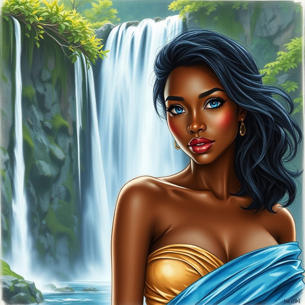 Serenely Standing Woman in a Lush Waterfall Scene