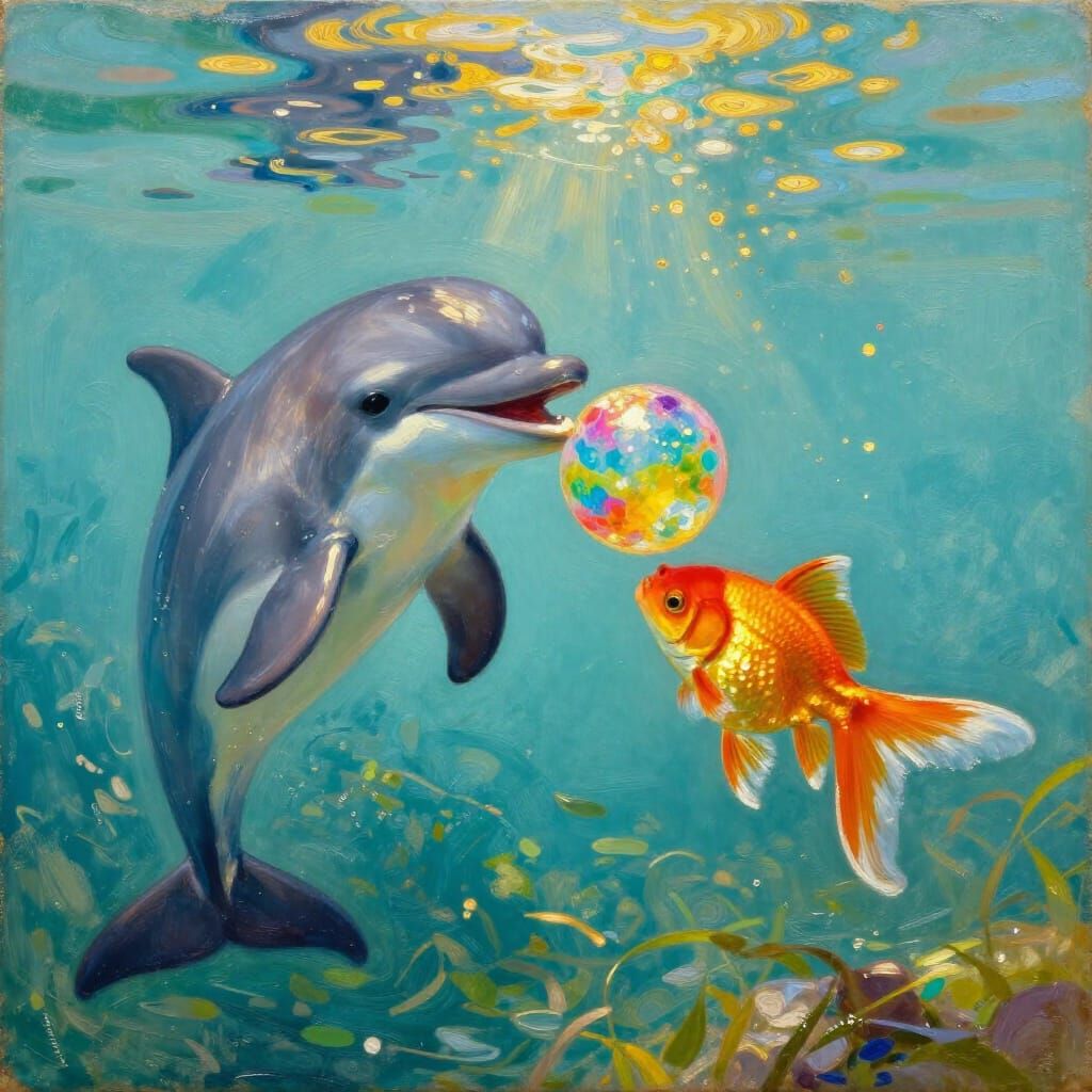 Dolphin and Goldfish Play with Iridescent Ball in Turquoise ...