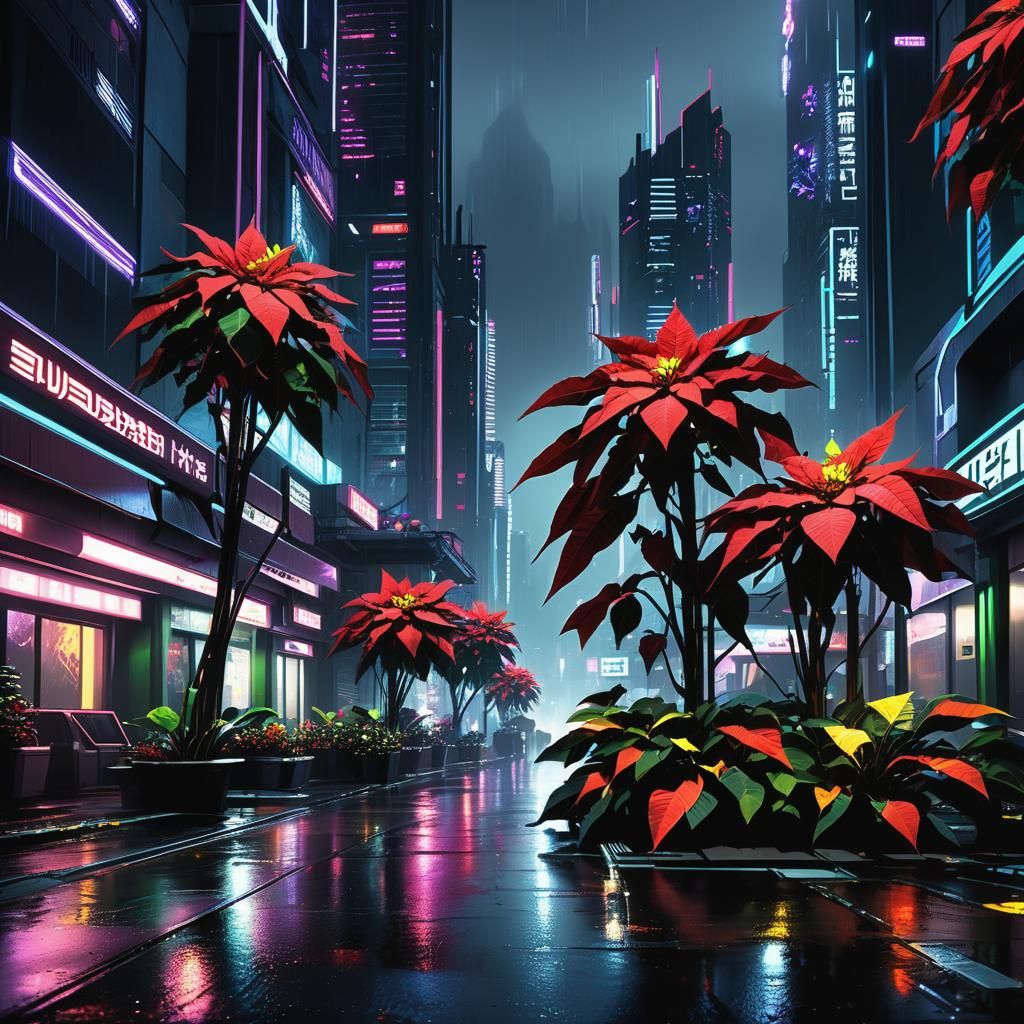Futuristic Poinsettia Cityscape Under Neon Skies