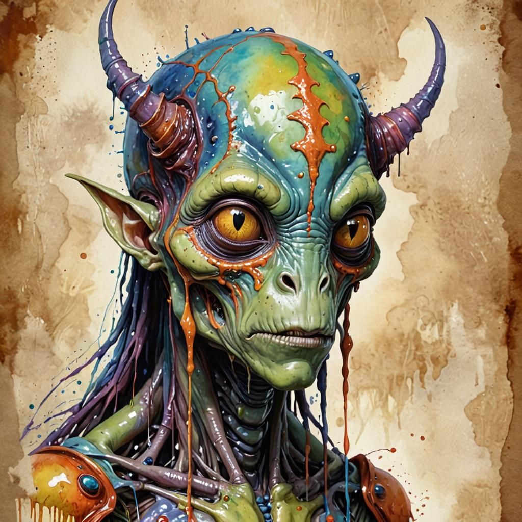 Cute Alien Portrait in Drippy Watercolor Style