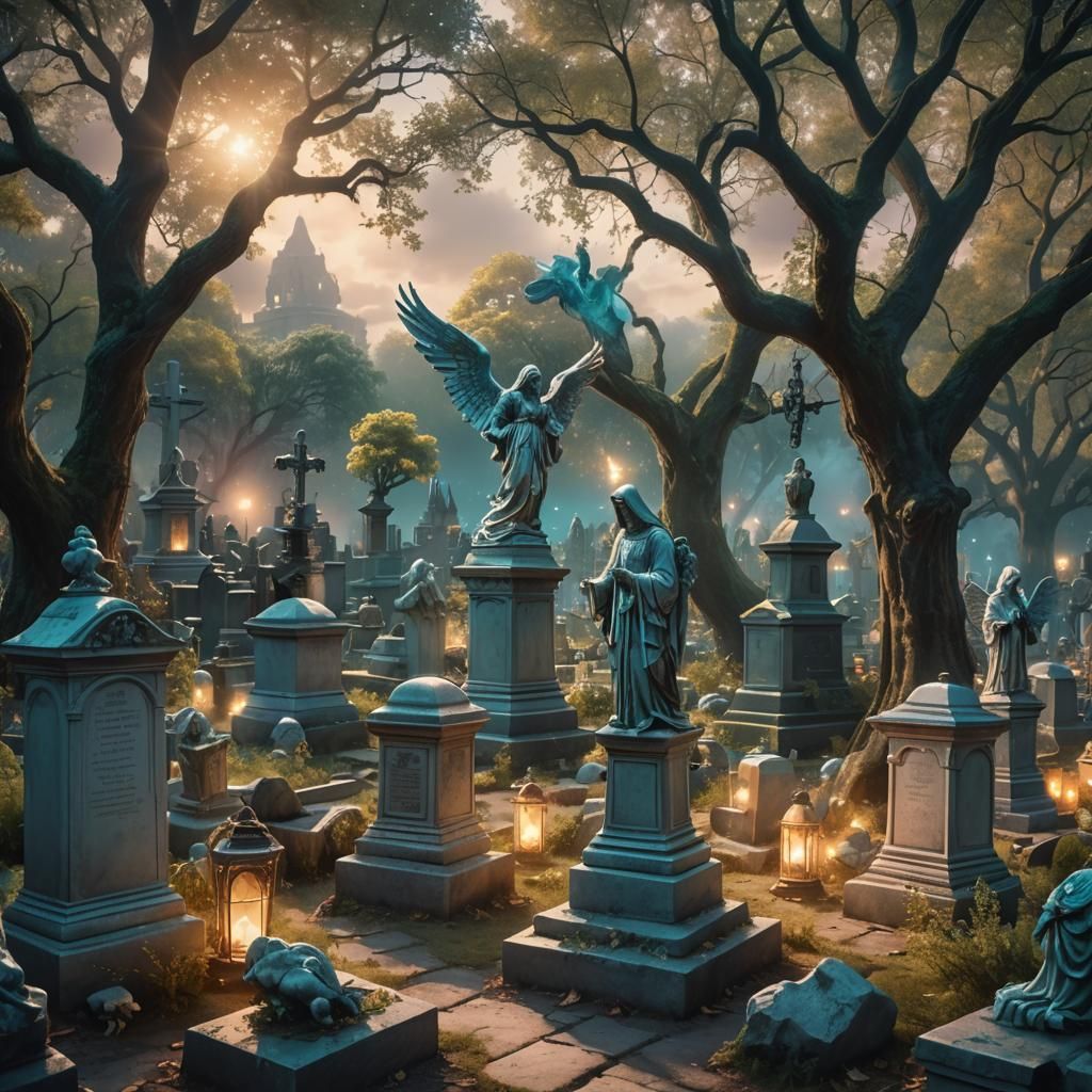 Ethereal Graveyard Scene with Angels in Astral Light