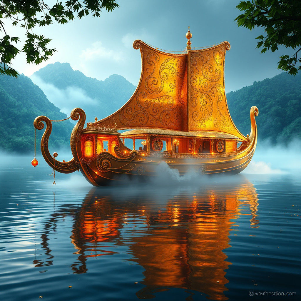 Majestic Golden Boat on Tranquil Lake