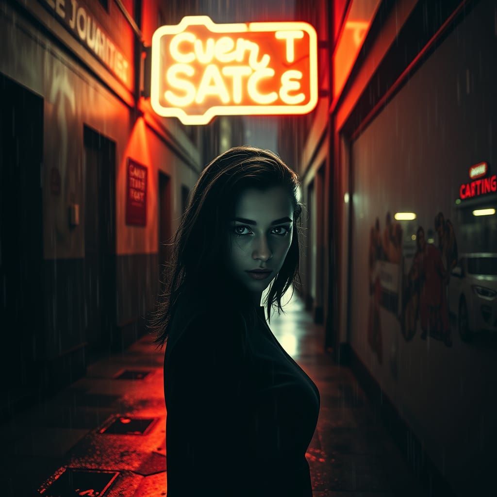 Film Noir Woman in Neon Alleyway