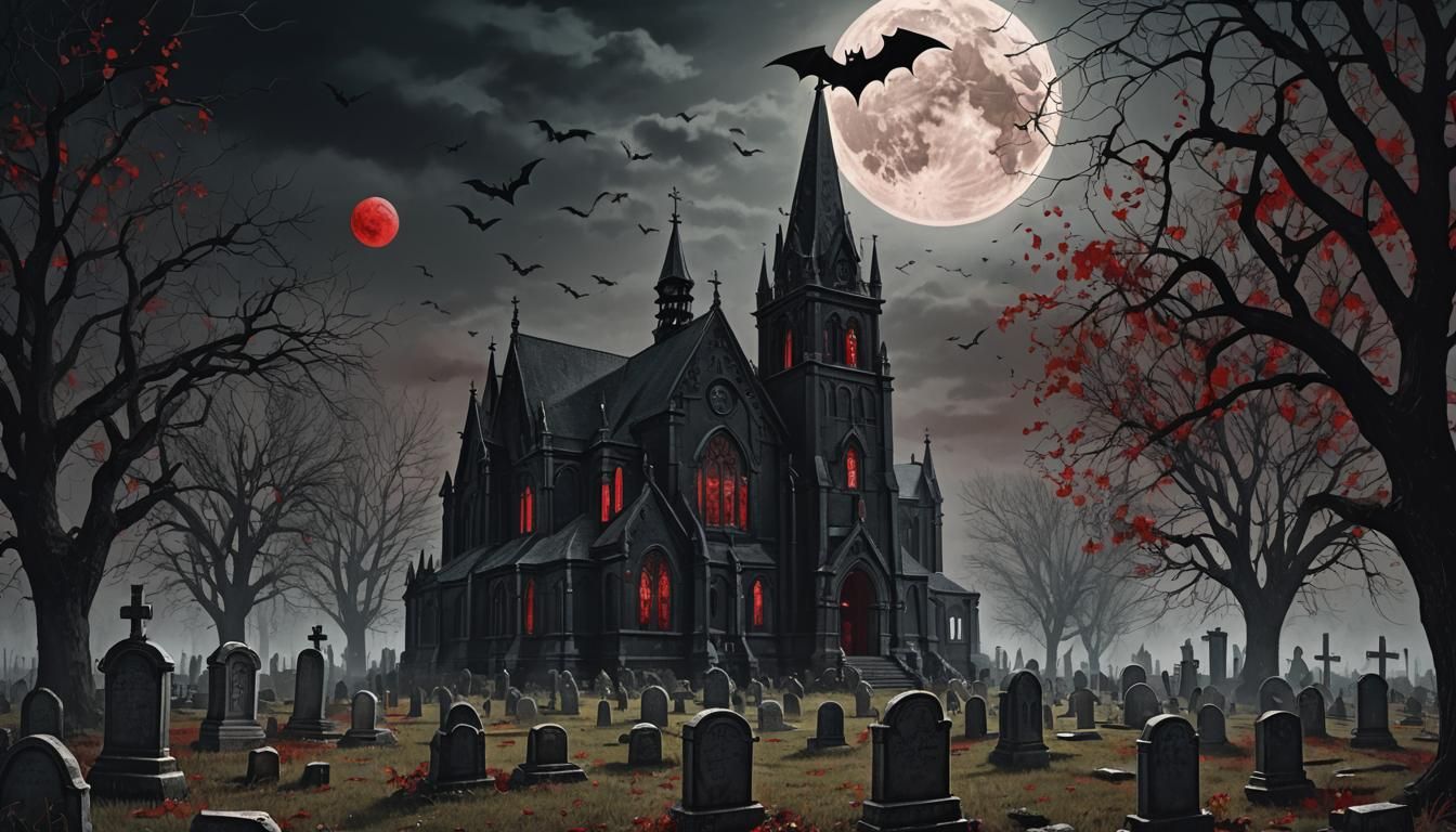 Victorian Gothic Horror: Bat in Cemetery by Moonlight