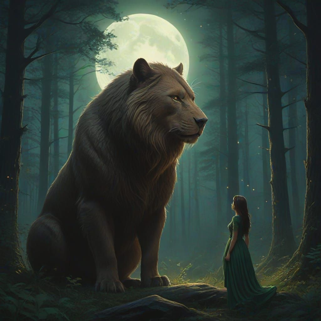 Mystical Beast and Woman in Moonlit Forest