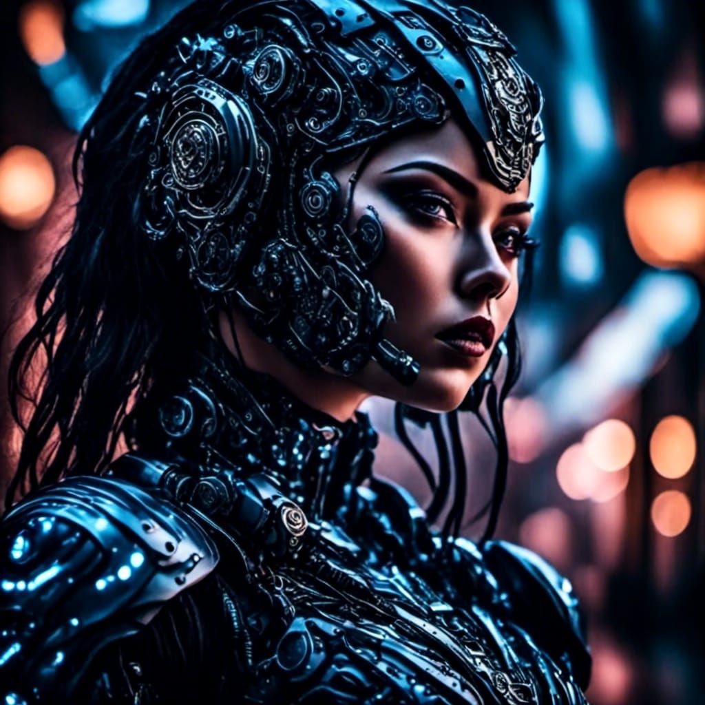 Biopunk Cyborg Girl in Neon Cityscape