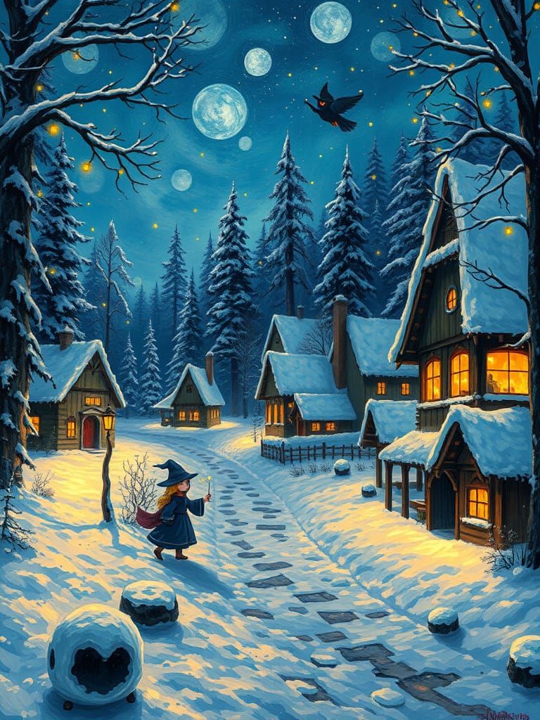 Whimsical Snowy Village in Enchanted Forest