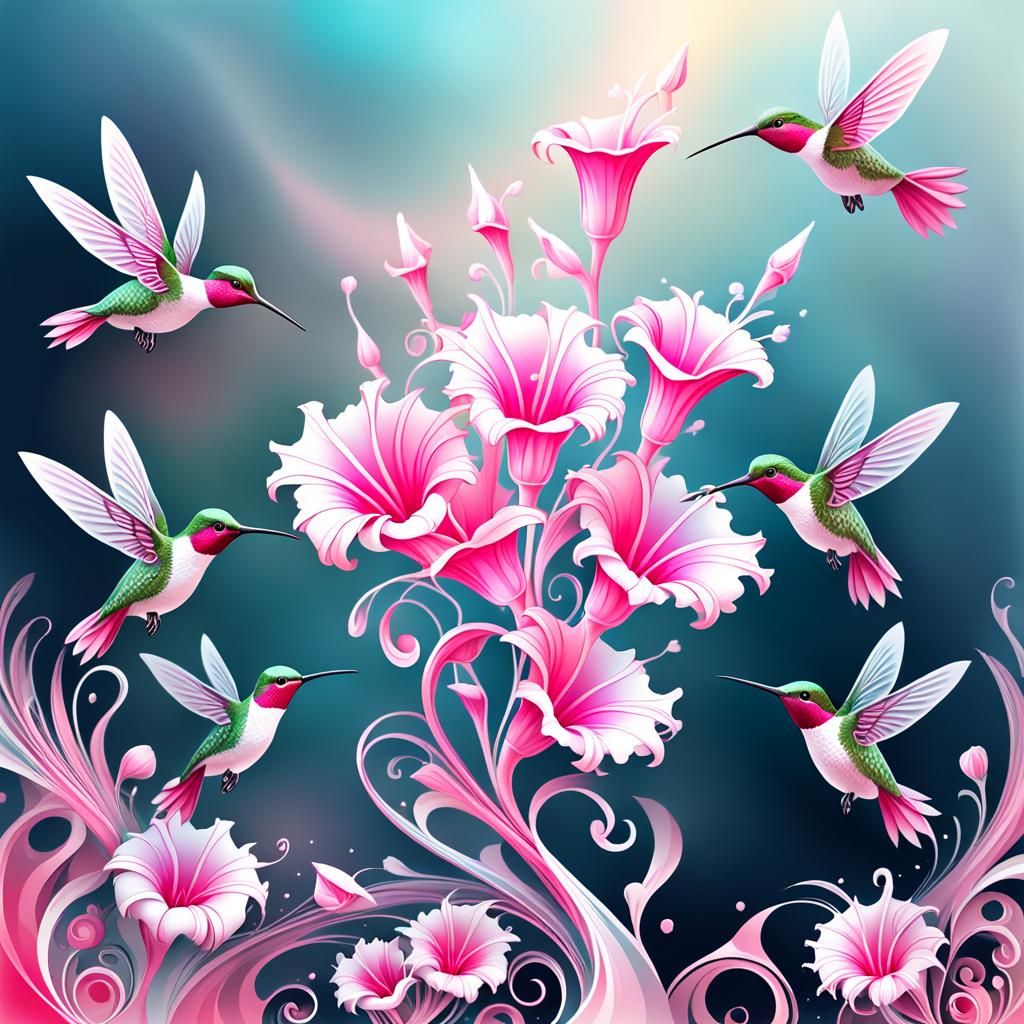 Pink and White Trumpet Flowers in Abstract Fractal Style
