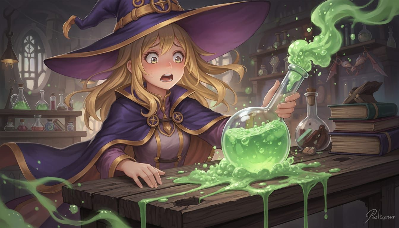 Anime Magician Frightened by Overflowing Acid Potion