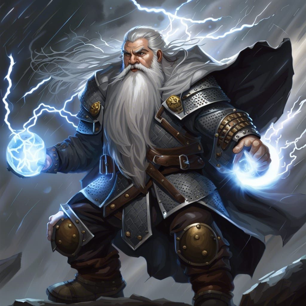 Dwarf Cleric Casting Thunder Spell in Storm