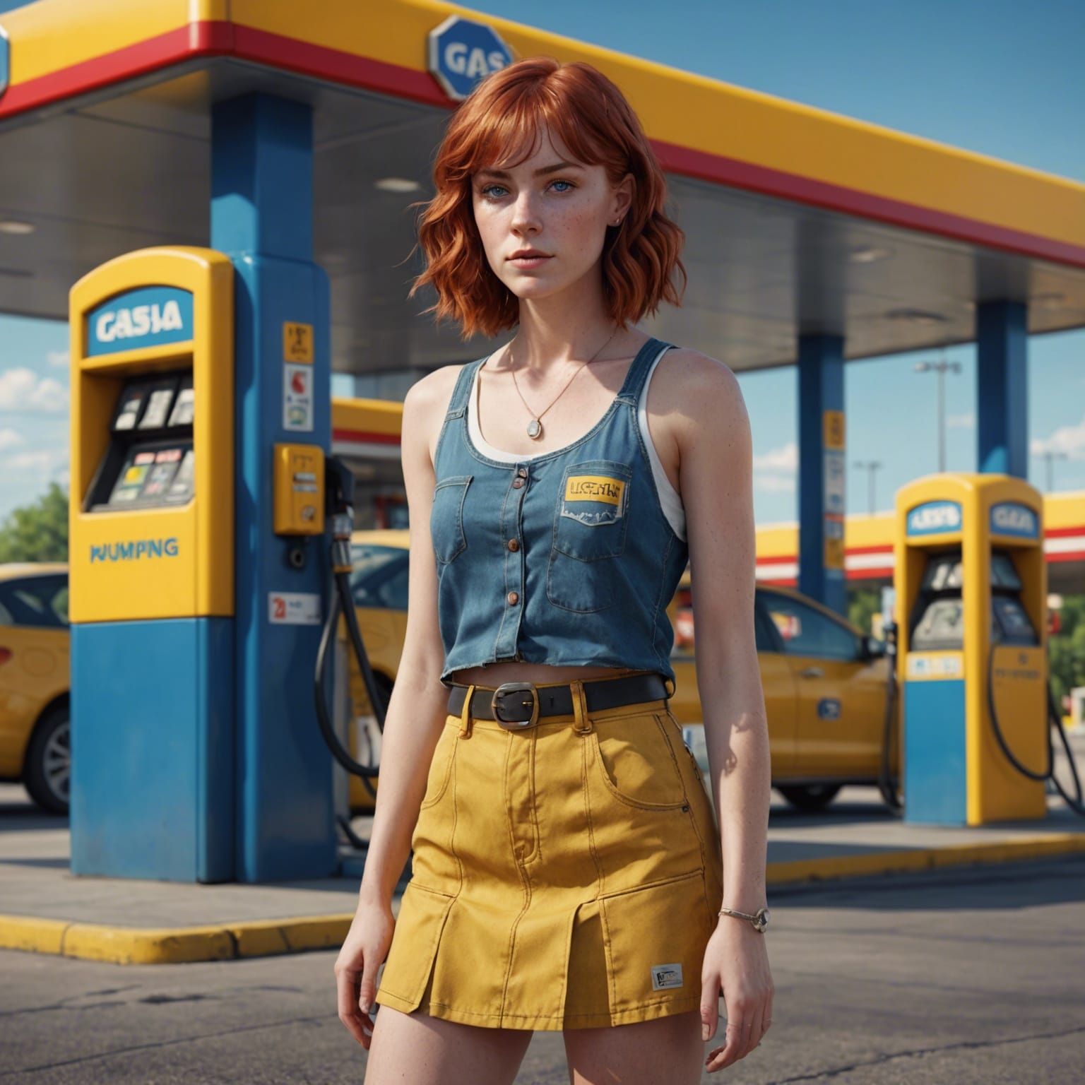Woman Pumping Gas at Station: Fantasy Concept Art