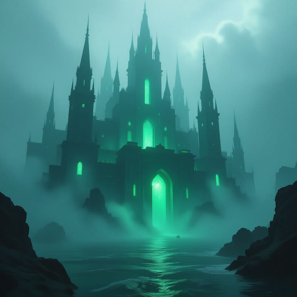 Sunken Alien City with Impossible Architecture and Green Glo...