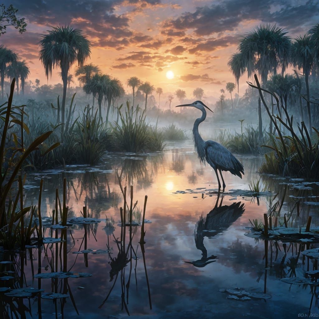 Heron in Everglades: Ethereal Fantasy Scene