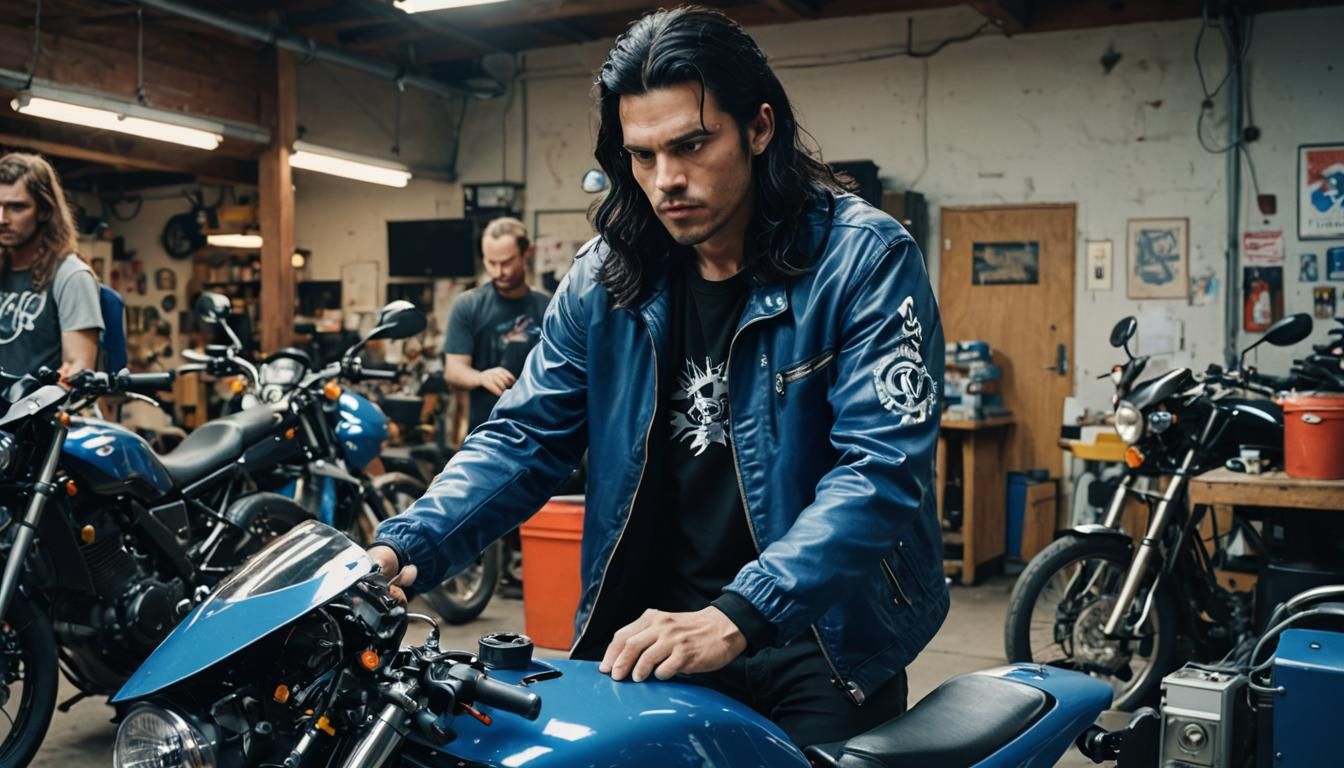 Young Man Repairs Sports Bike: Cinematic Film Still