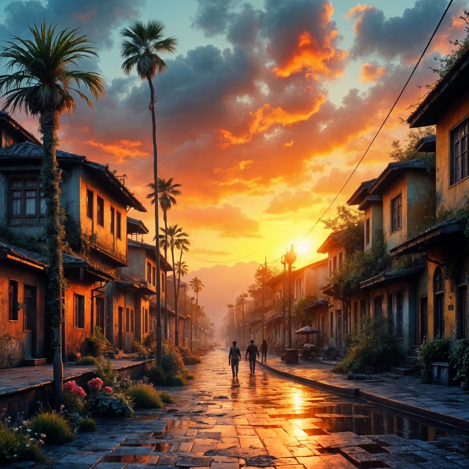 Steampunk Favela Sunset: Modern Ink Painting