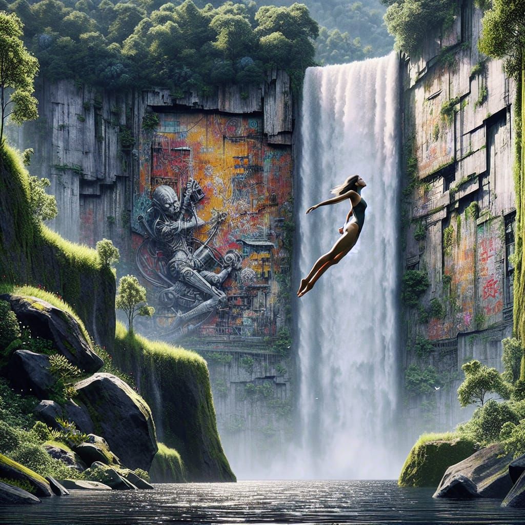 Woman's Dieselpunk Dive From Jungle Waterfall in Hyperrealis...