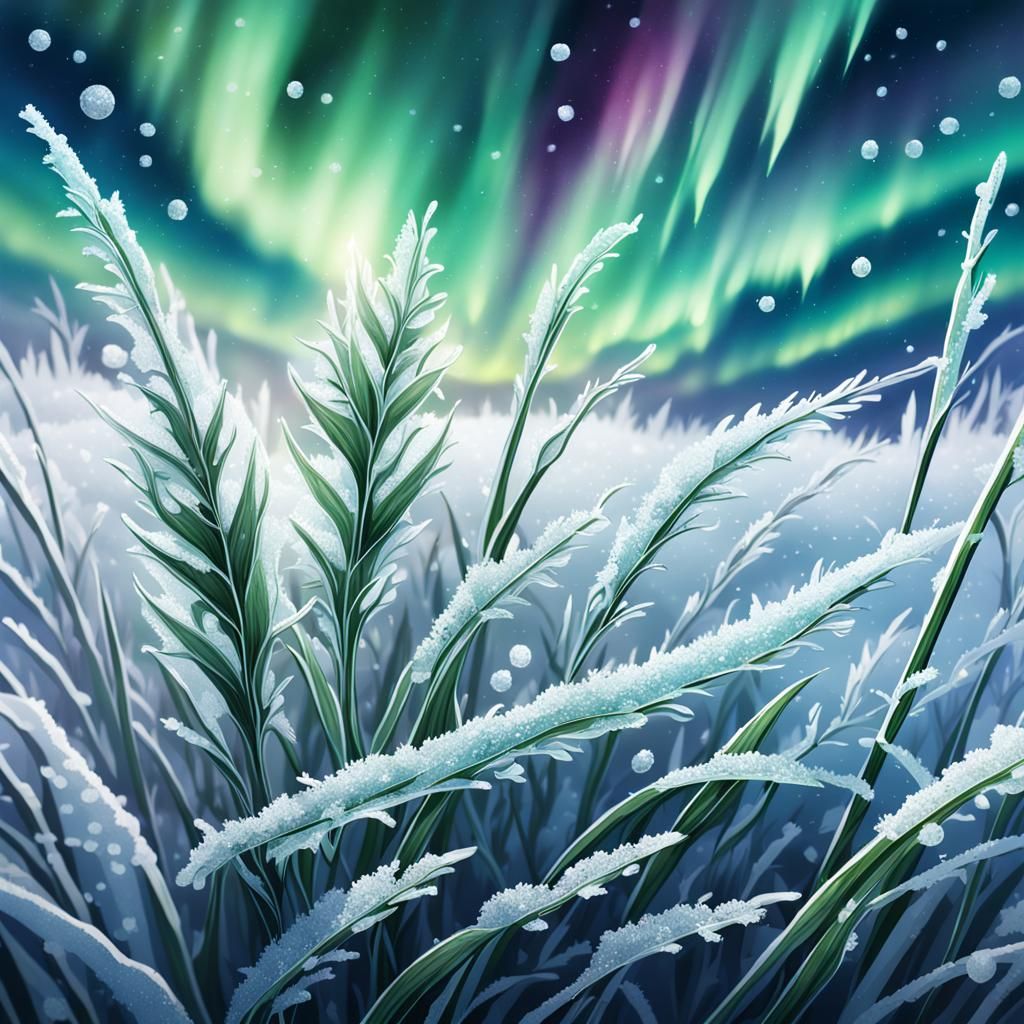 Frozen Grass Close-up with Northern Lights