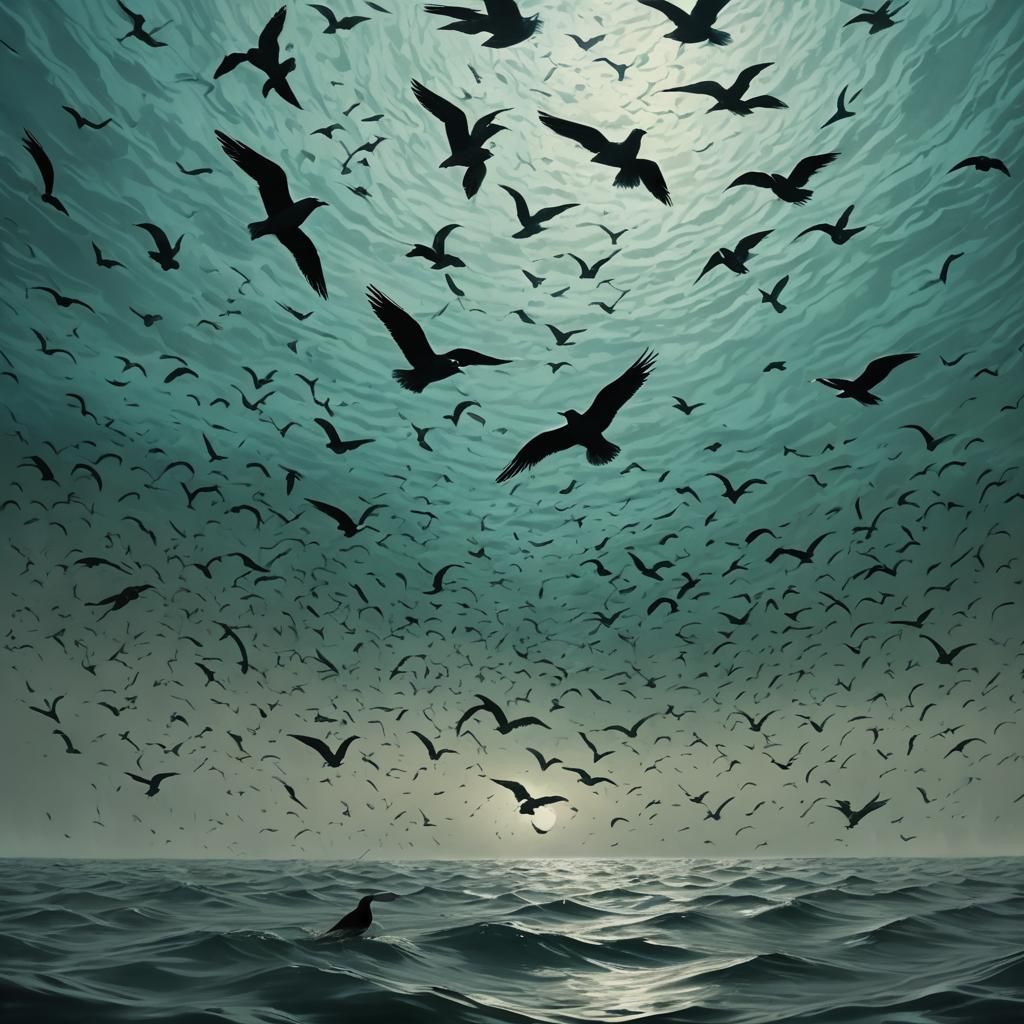 Surreal Seagulls Swim Under Water in Dark Fantasy