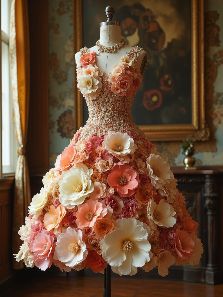 Elegant Mannequin in Vintage Setting with Flower Petal Dress