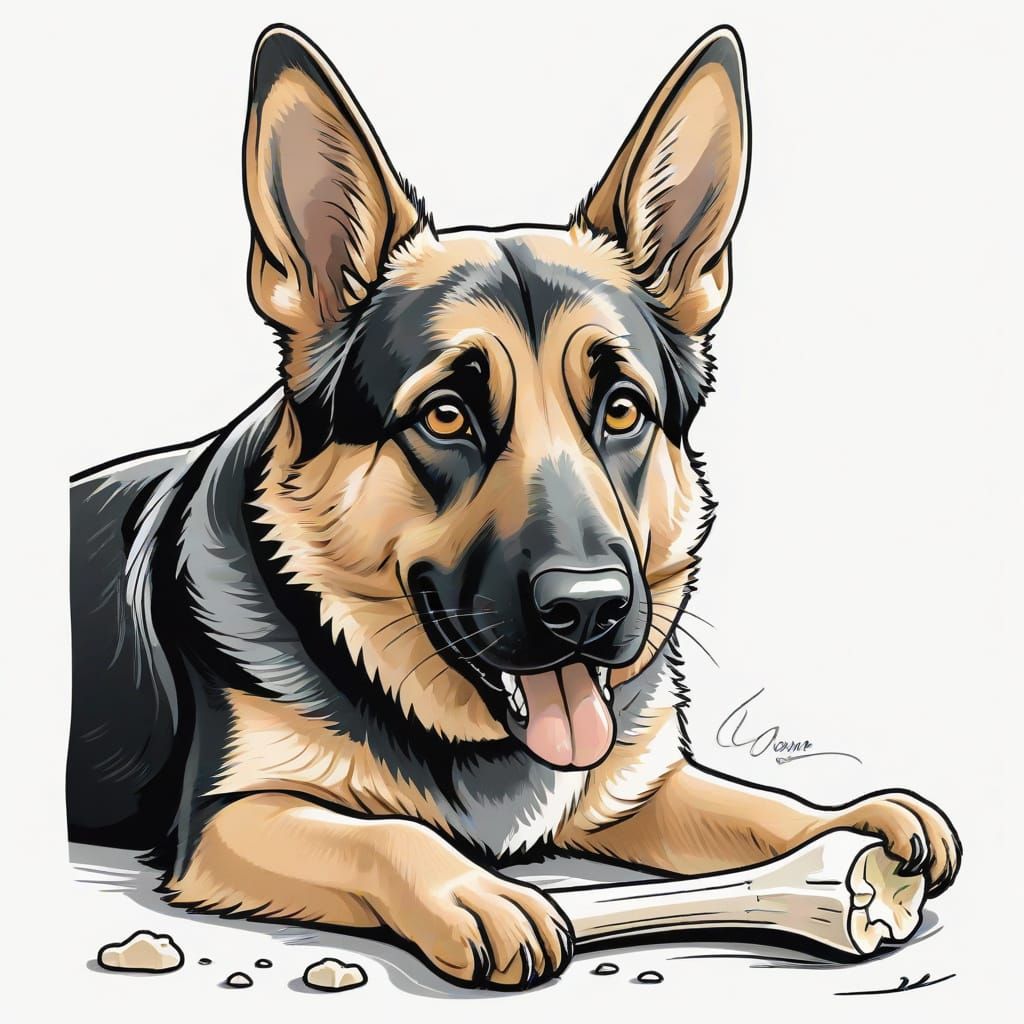 Cute German Shepherd Chewing Bone in Line Art Style